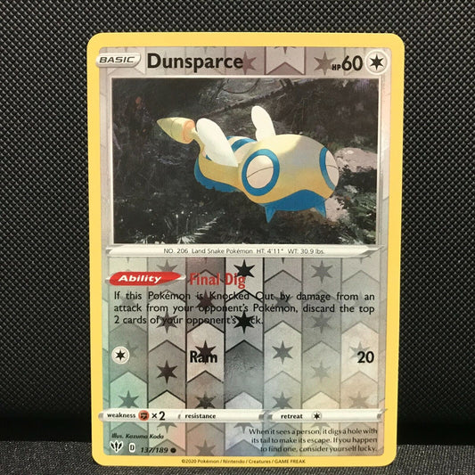 Dunsparce Reverse Holo 137/189 - Darkness Ablaze Pokemon Card - NM/Mint