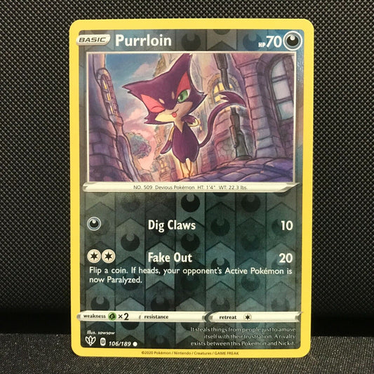 Purrloin Reverse Holo 106/189 - Darkness Ablaze Pokemon Card - NM/Mint