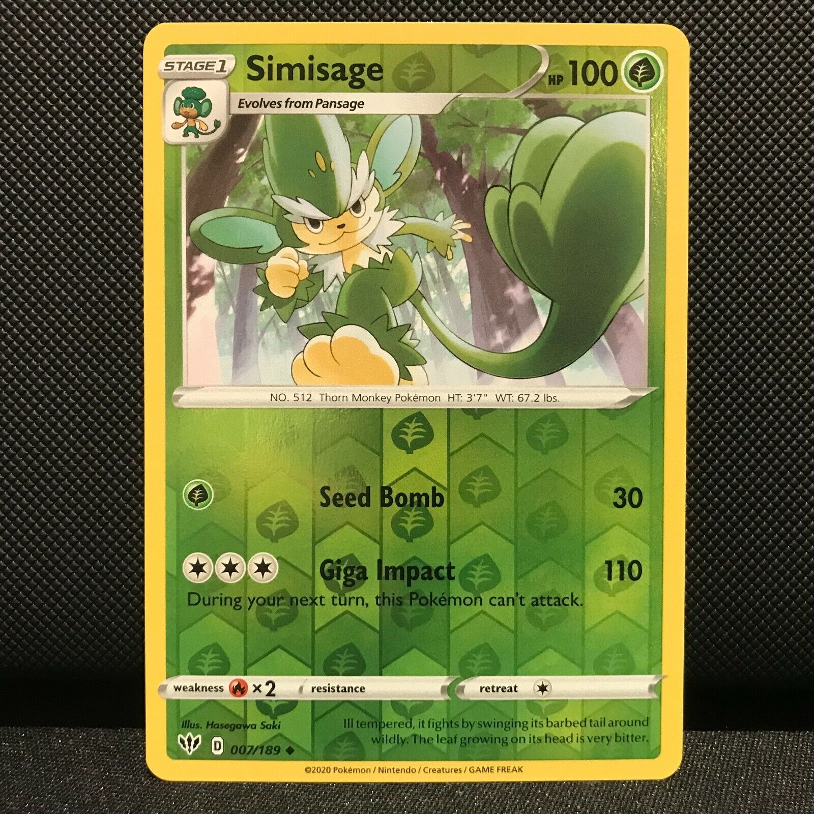 Simisage Reverse Holo 7/189 - Darkness Ablaze Pokemon Card - NM/Mint