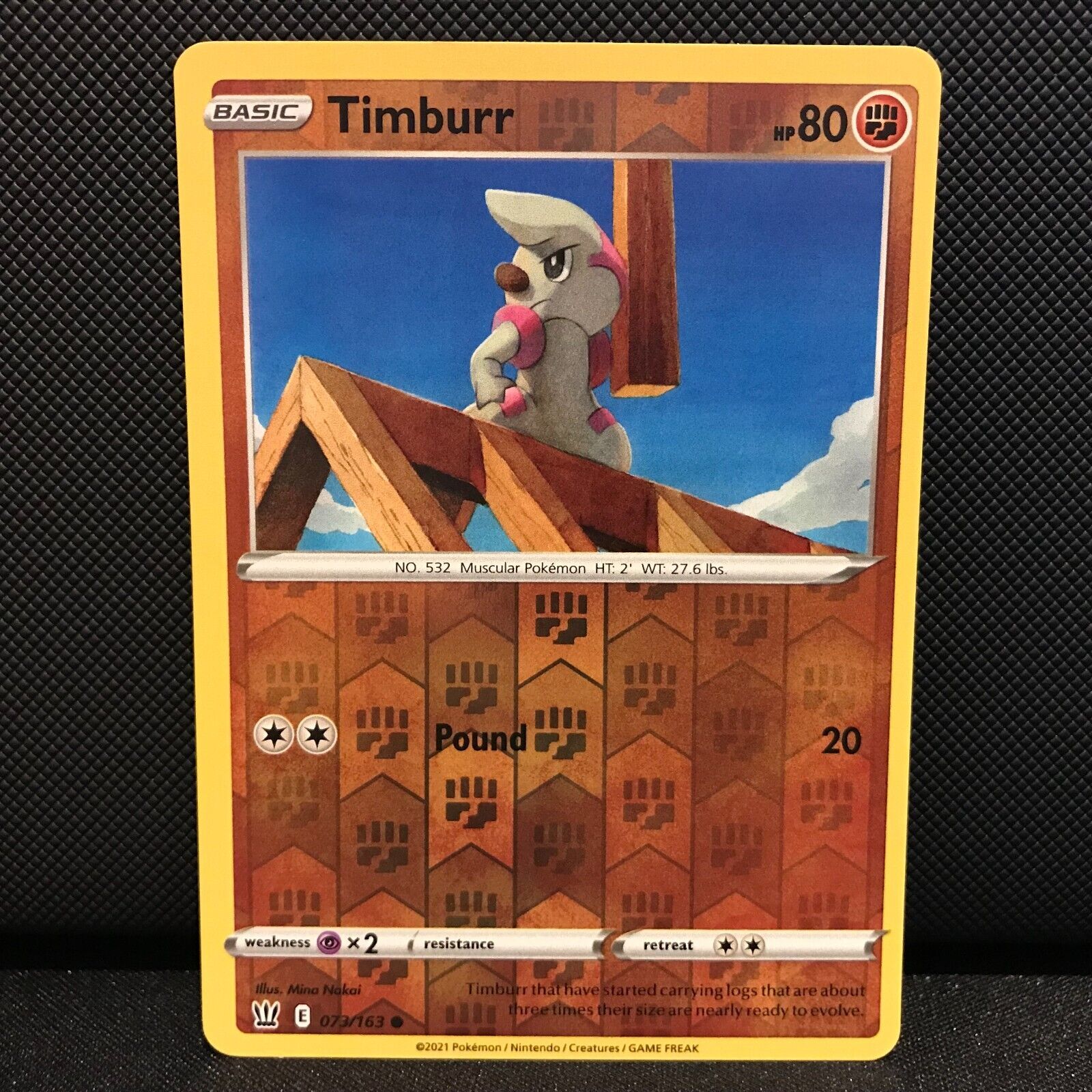 Timburr Reverse Holo 73/163 - Battle Styles Pokemon Card - NM/Mint