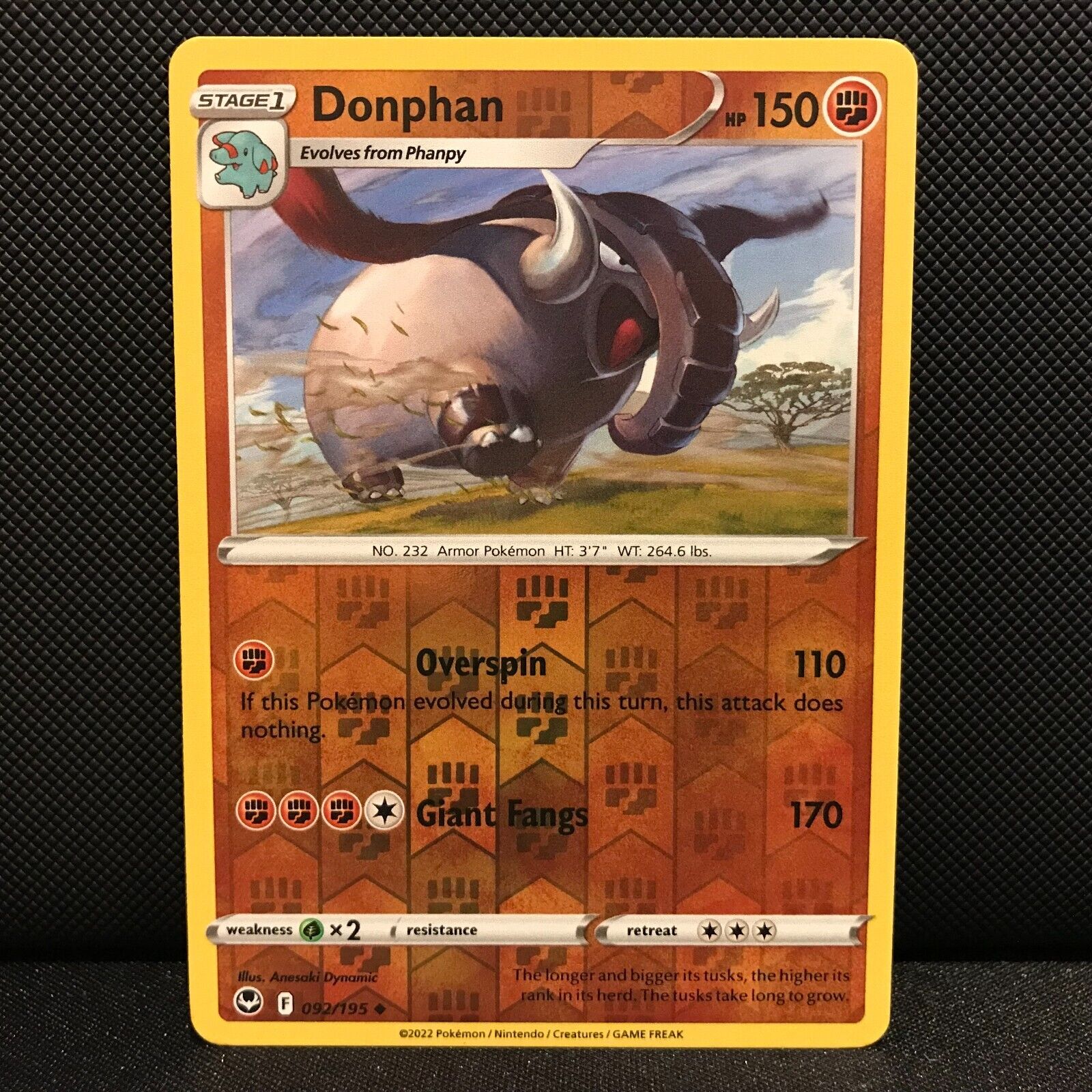 Donphan Reverse Holo 92/195 - Silver Tempest Pokemon Card - NM/Mint