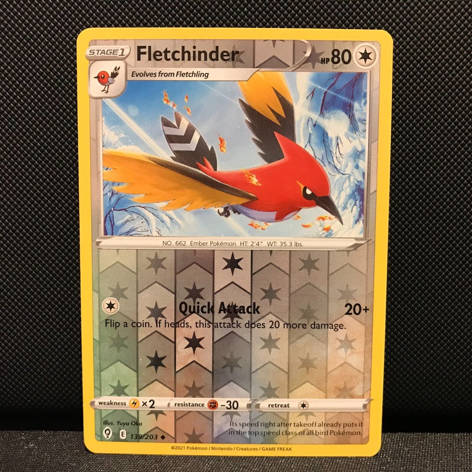 Fletchinder Reverse Holo 139/203 - Evolving Skies Pokemon Card - NM/Mint
